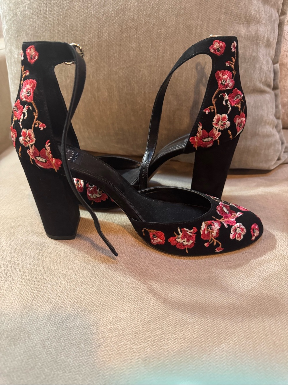 White House Black Market Black Ankle-Strap Heels with Pink Floral Embroidery - Picture 1 of 6